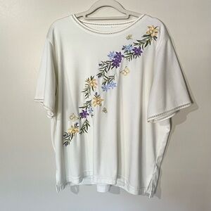 Womens Short Sleeve Embroidered Top Grandmacore Spring Floral White Large*
